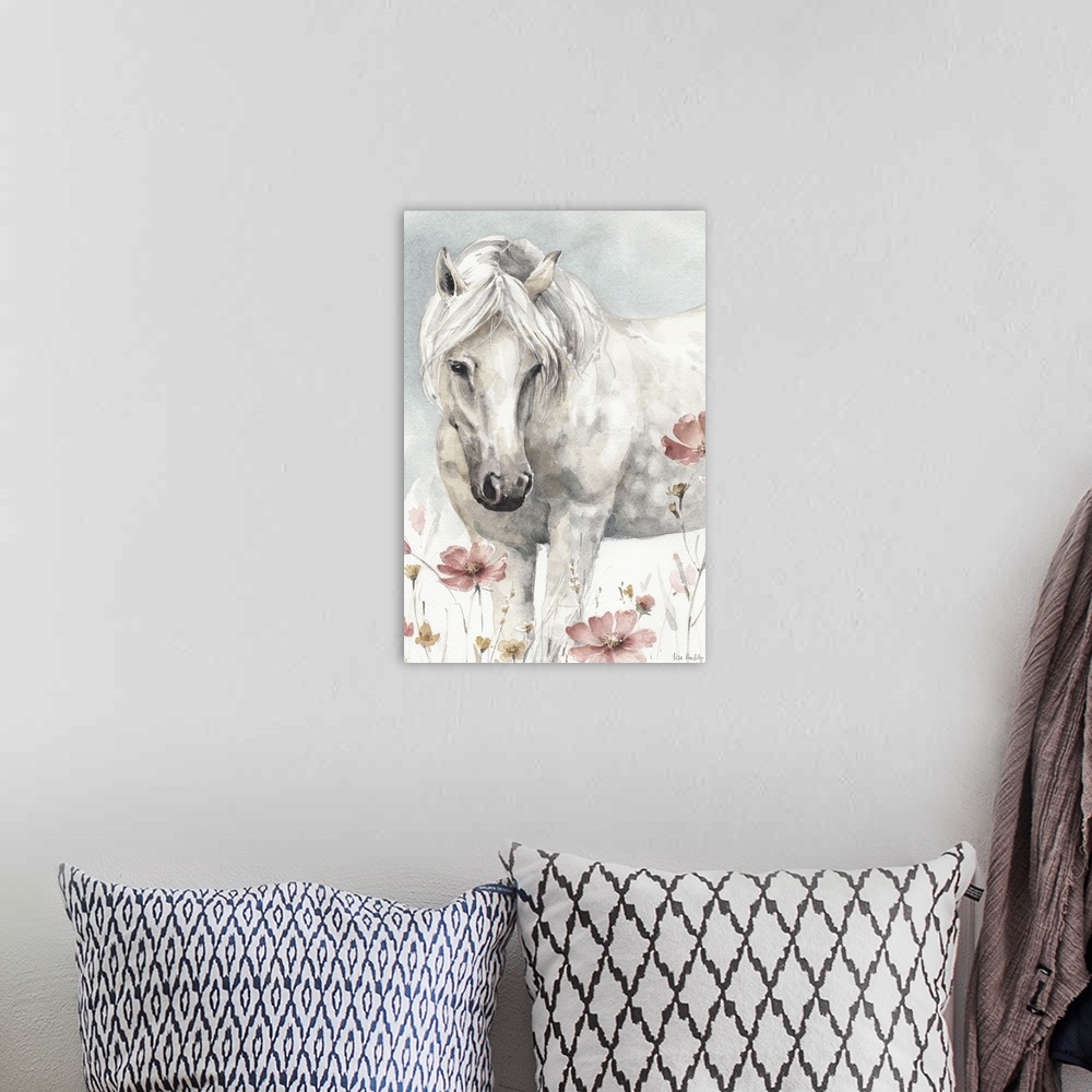 A bohemian room featuring Contemporary watercolor artwork of a white horse in a field of wildflowers.