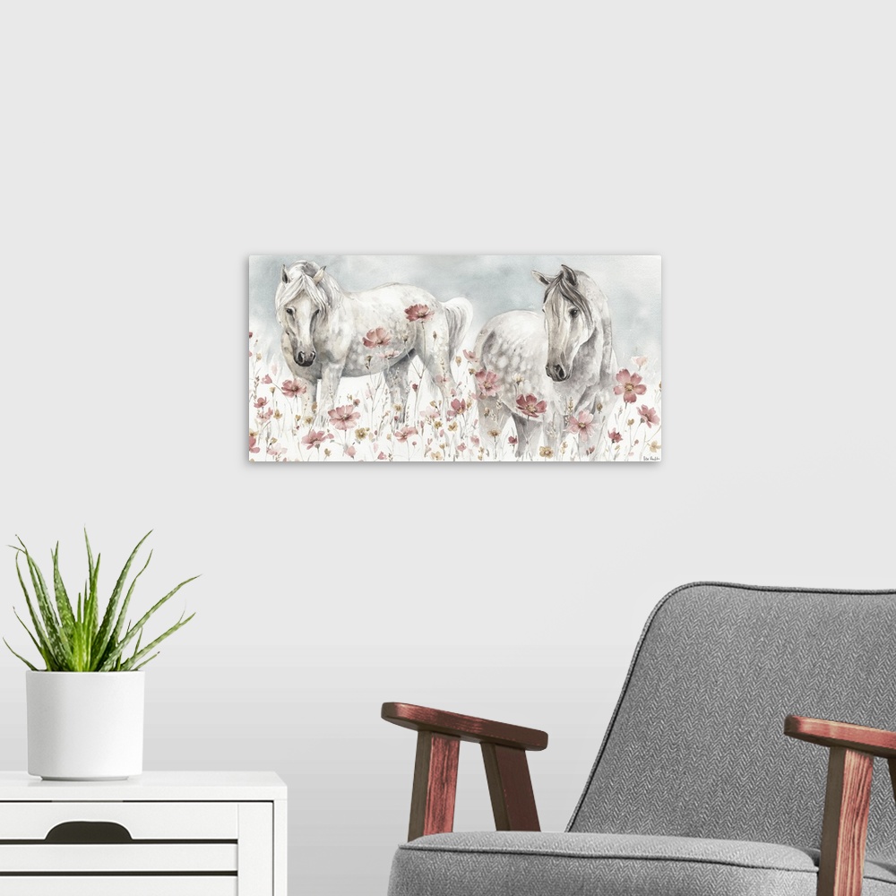 A modern room featuring Contemporary watercolor artwork of two white horses in a field of wildflowers.