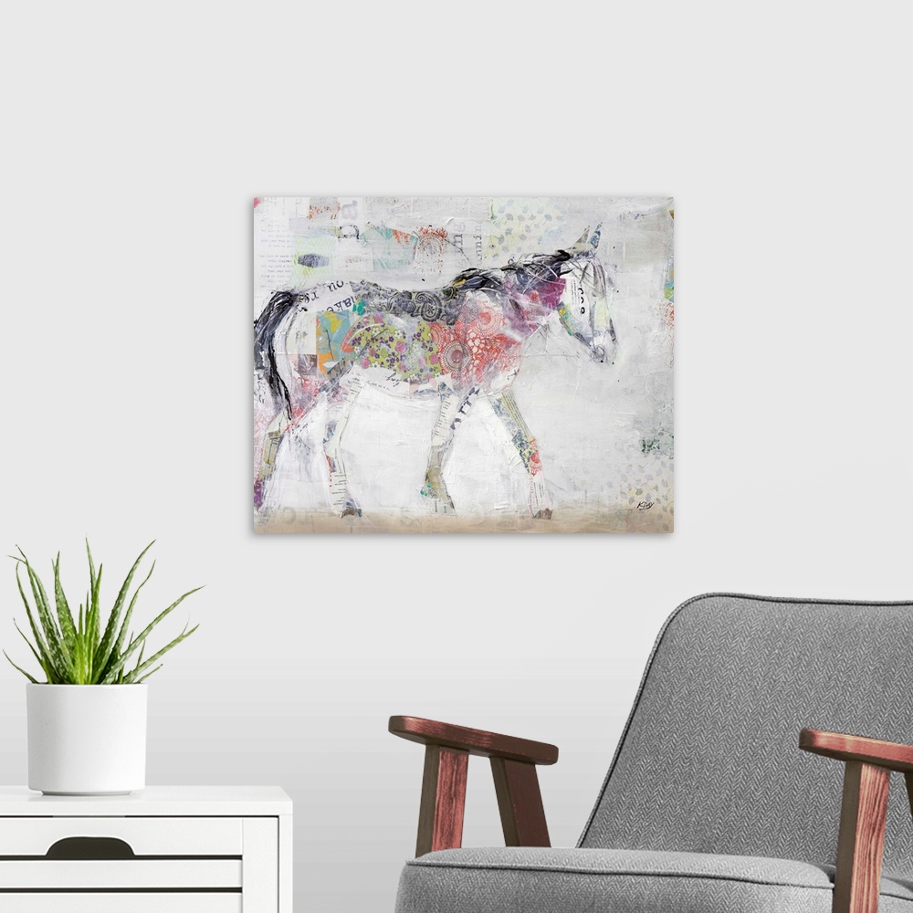 A modern room featuring Large abstract art of a wild horse created with mixed media.