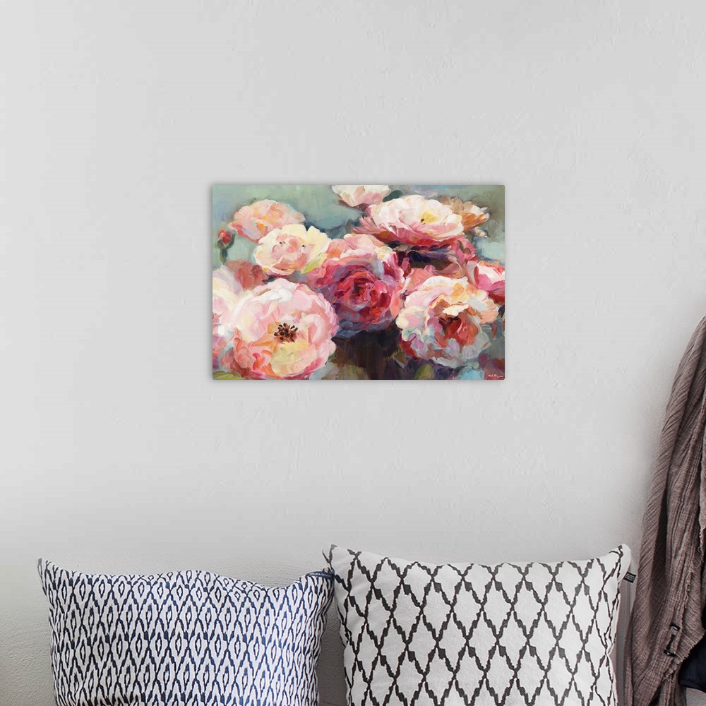 A bohemian room featuring Contemporary painting of roses created with pink, white, red, orange, and yellow warm tones on a ...