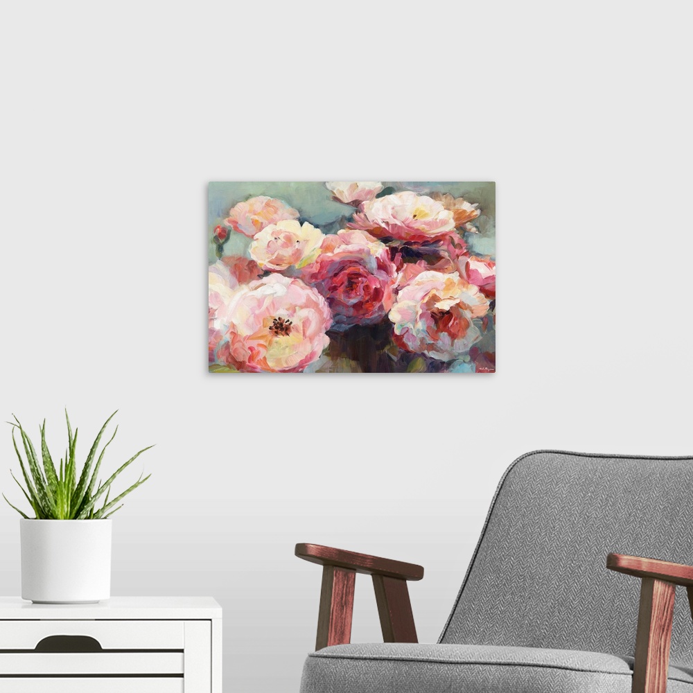 A modern room featuring Contemporary painting of roses created with pink, white, red, orange, and yellow warm tones on a ...