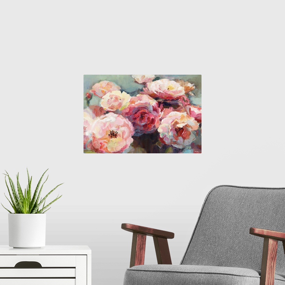 A modern room featuring Contemporary painting of roses created with pink, white, red, orange, and yellow warm tones on a ...