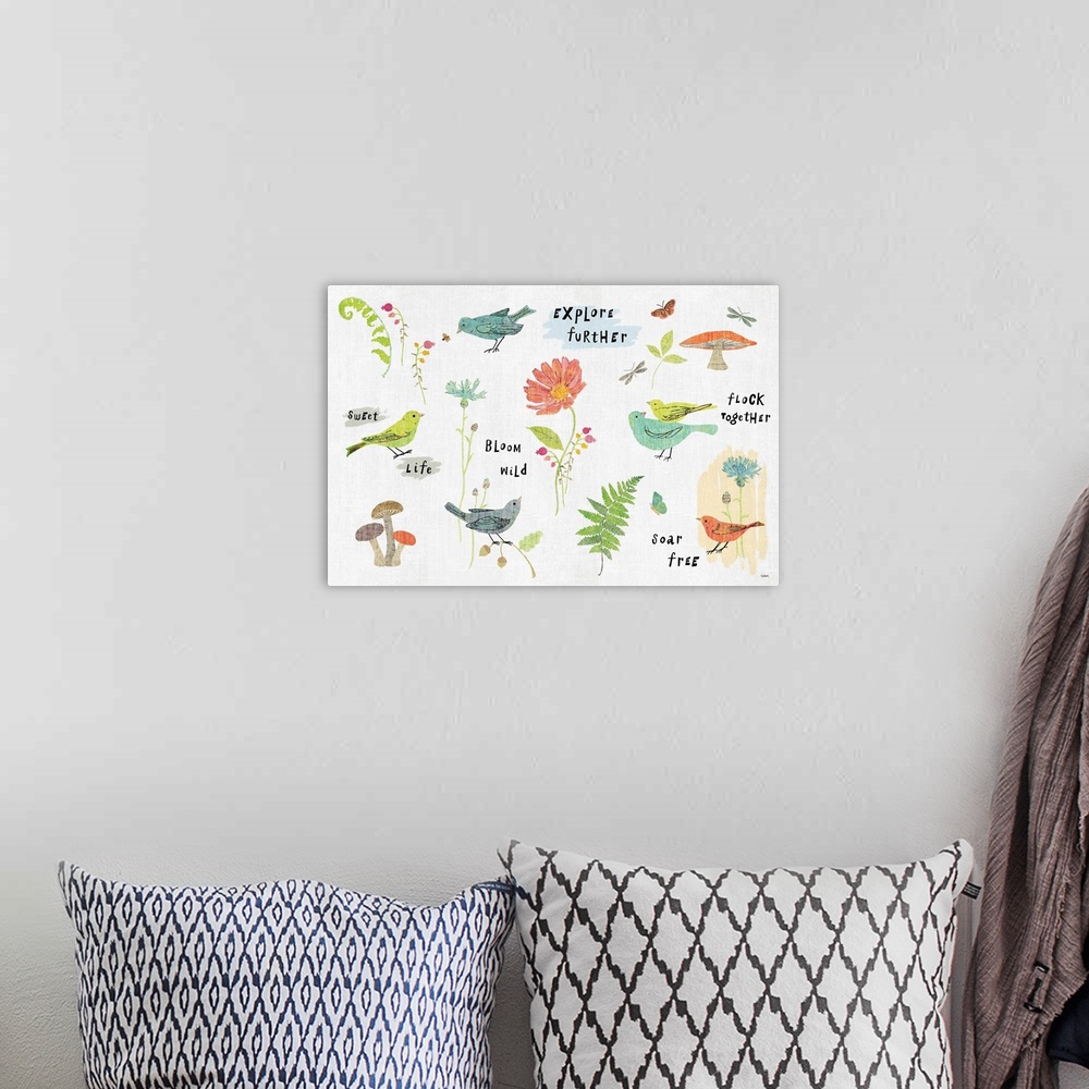 A bohemian room featuring Digital illustration of birds and flowers with text of "Explore Further", "Flock Together", Sweet...