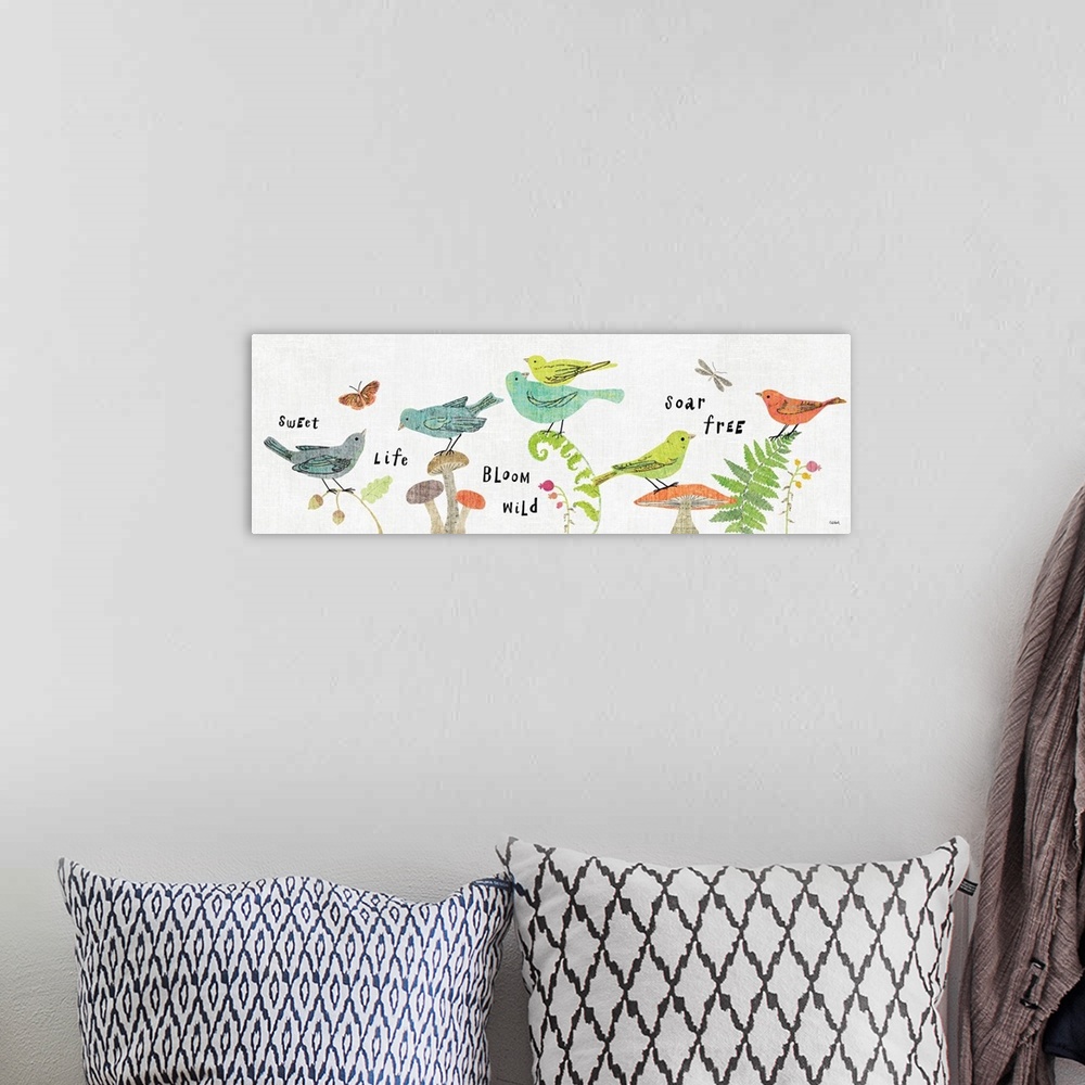 A bohemian room featuring Panoramic illustration of birds, flowers, ferns, and mushrooms with words written all around, "Sw...