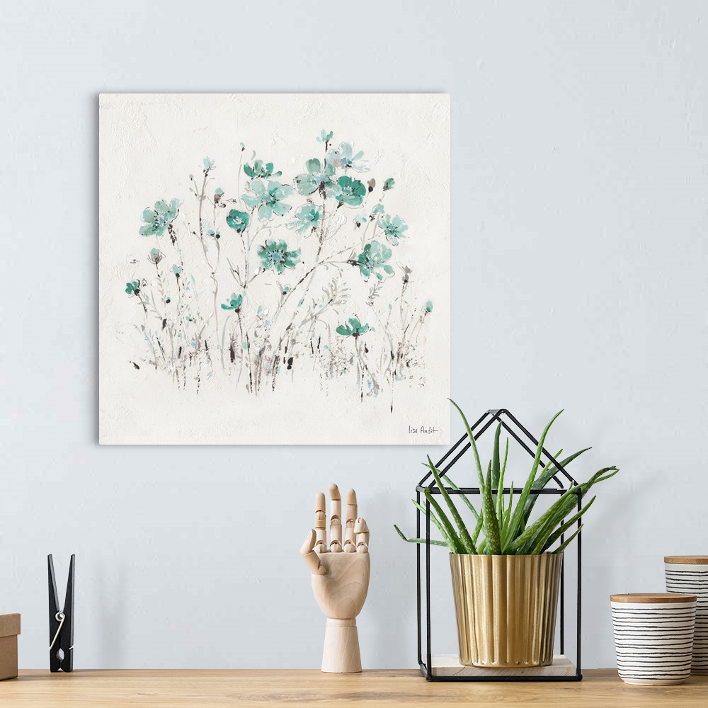 A bohemian room featuring Contemporary artwork of turquoise wildflowers sprouting from a textured white background.