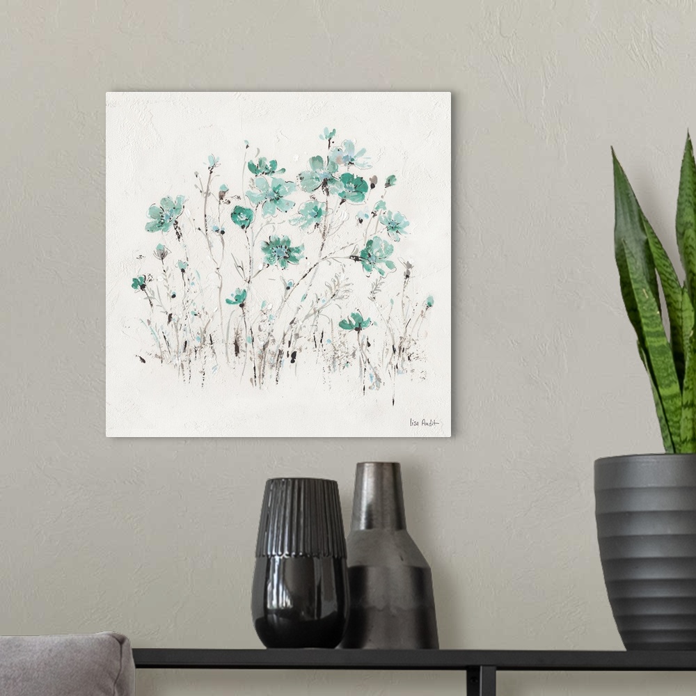 A modern room featuring Contemporary artwork of turquoise wildflowers sprouting from a textured white background.