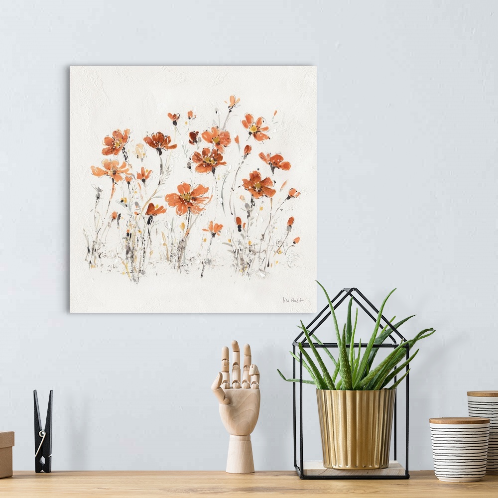 A bohemian room featuring Contemporary artwork of orange wildflowers sprouting from a textured white background.