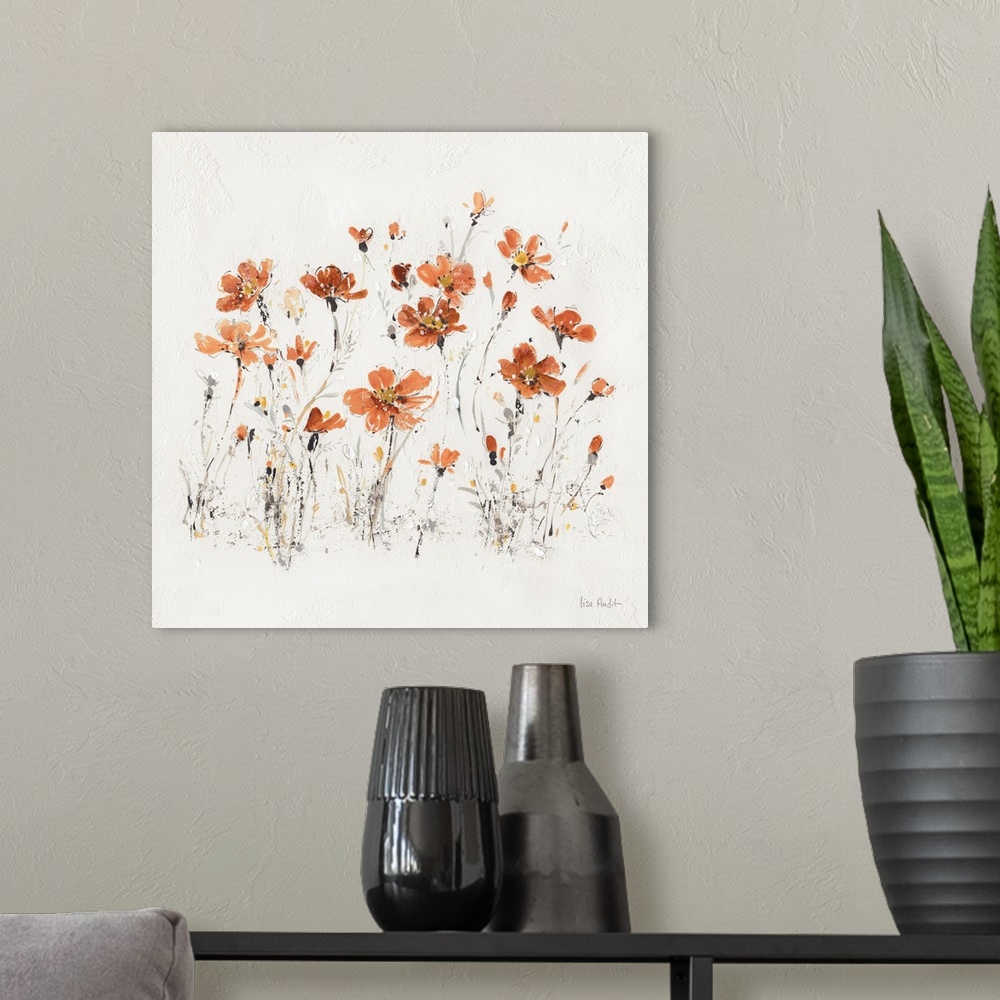 A modern room featuring Contemporary artwork of orange wildflowers sprouting from a textured white background.