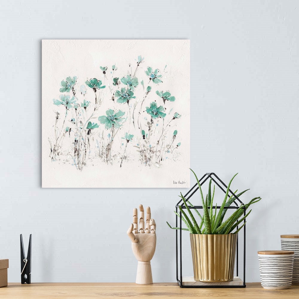 A bohemian room featuring Contemporary artwork of turquoise wildflowers sprouting from a textured white background.