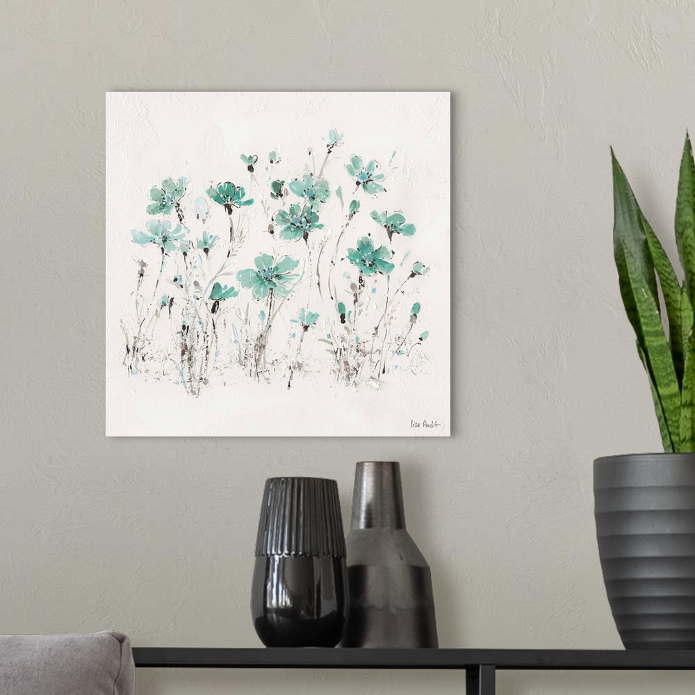 A modern room featuring Contemporary artwork of turquoise wildflowers sprouting from a textured white background.