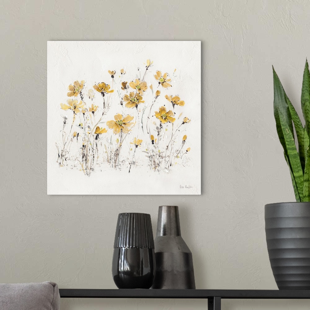A modern room featuring Contemporary artwork of yellow wildflowers sprouting from a textured white background.