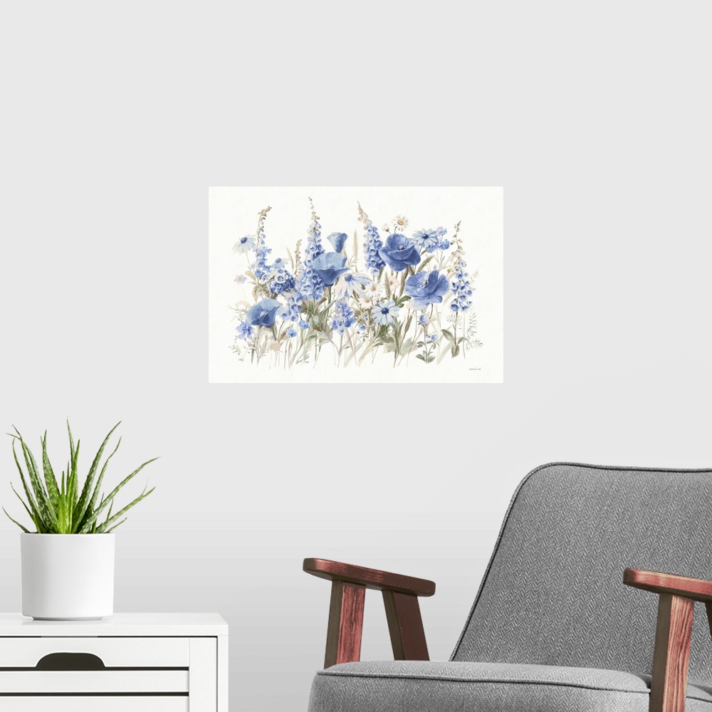 A modern room featuring Wildflowers in Bloom I Blue