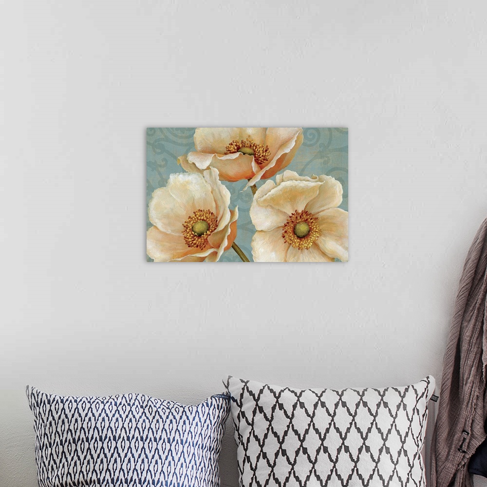 A bohemian room featuring This home docor is a painting of detailed and realistically rendered flowers on a contrasting bac...