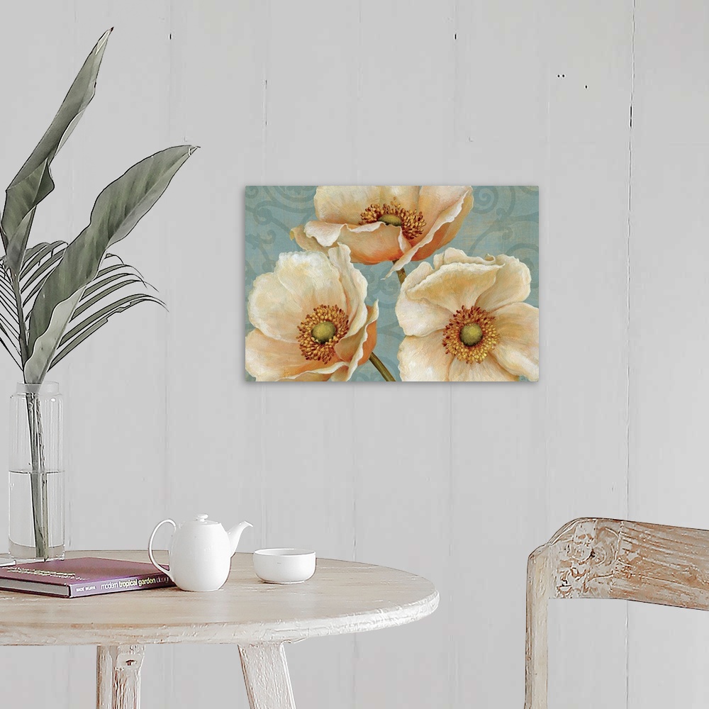 A farmhouse room featuring This home docor is a painting of detailed and realistically rendered flowers on a contrasting bac...