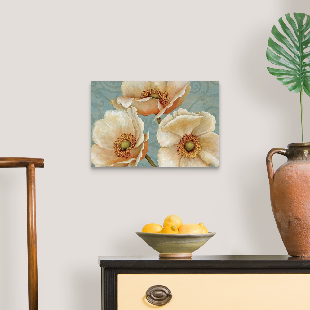 A traditional room featuring This home docor is a painting of detailed and realistically rendered flowers on a contrasting bac...