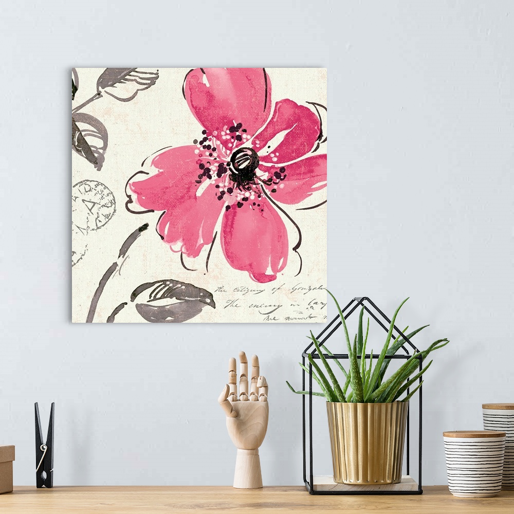 A bohemian room featuring Close up artwork of a blooming flower with script and post office codes along with leaves. Vibran...