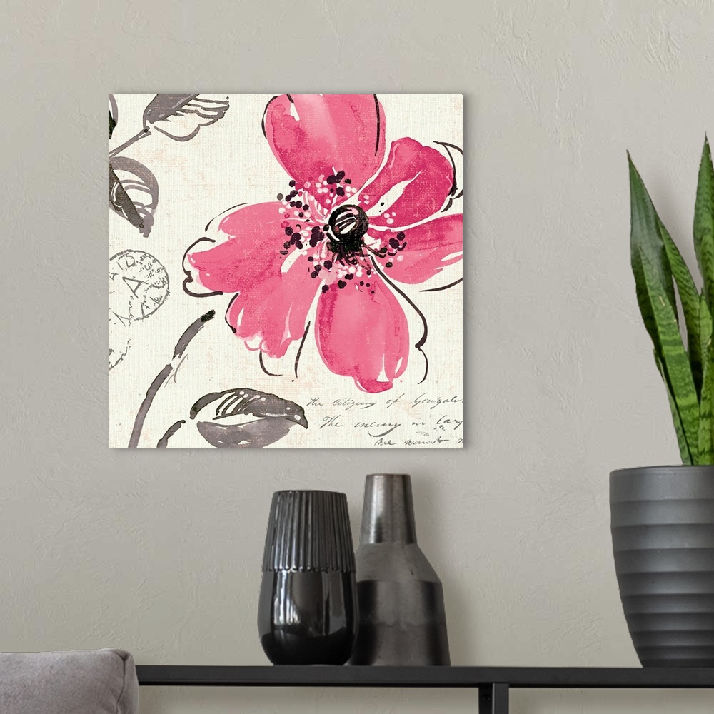A modern room featuring Close up artwork of a blooming flower with script and post office codes along with leaves. Vibran...