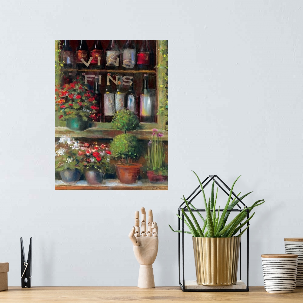 A bohemian room featuring Painting of flowers and plants outside of a window sill with bottles lining the inside view on sh...