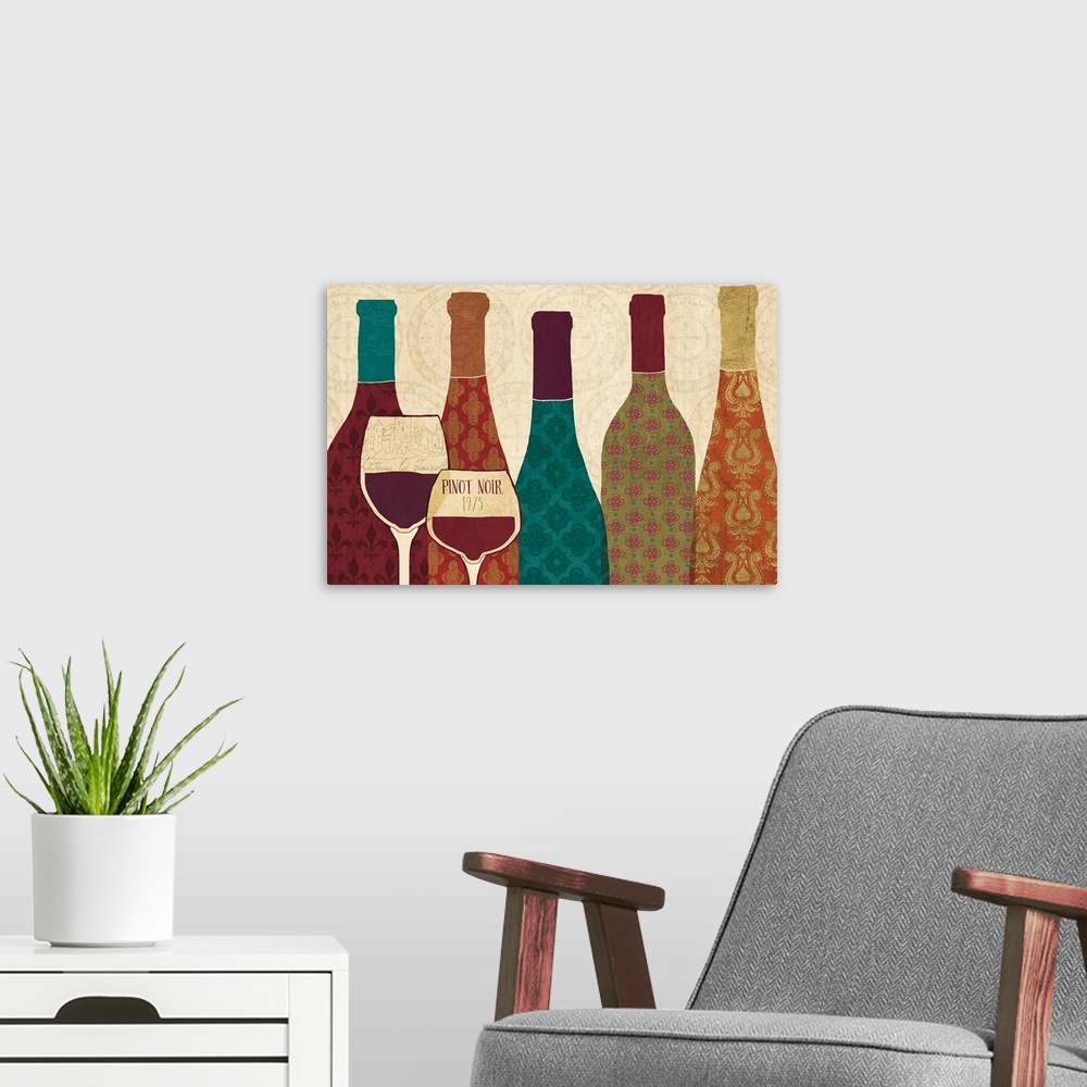 A modern room featuring Wine Collage I with Glassware