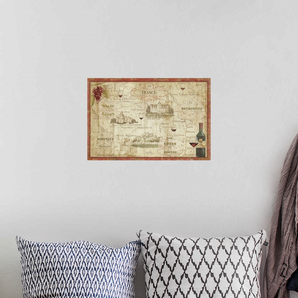 A bohemian room featuring Landscape, large docor wall art of a French wine map.  Various text lists different types of wine...