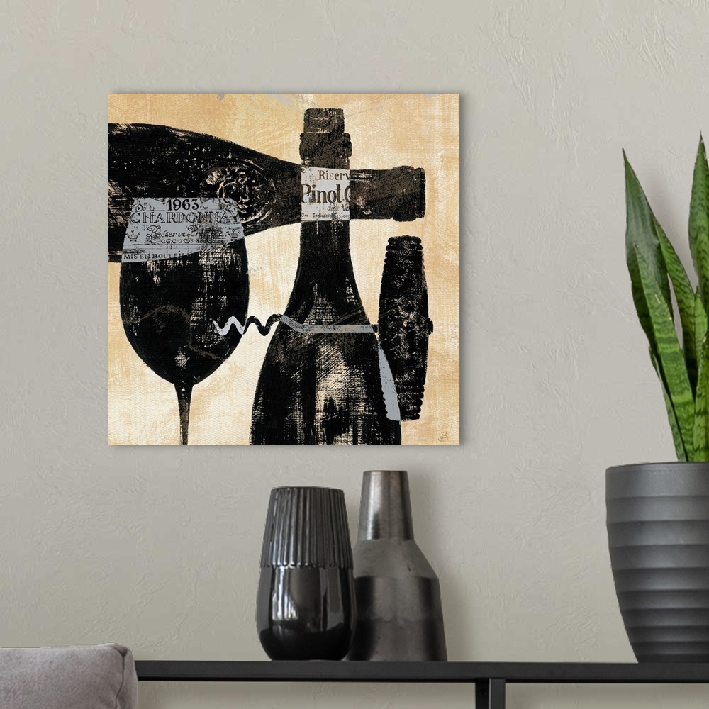 A modern room featuring Contemporary painting of wine bottles, a corkscrew and wine glasses.