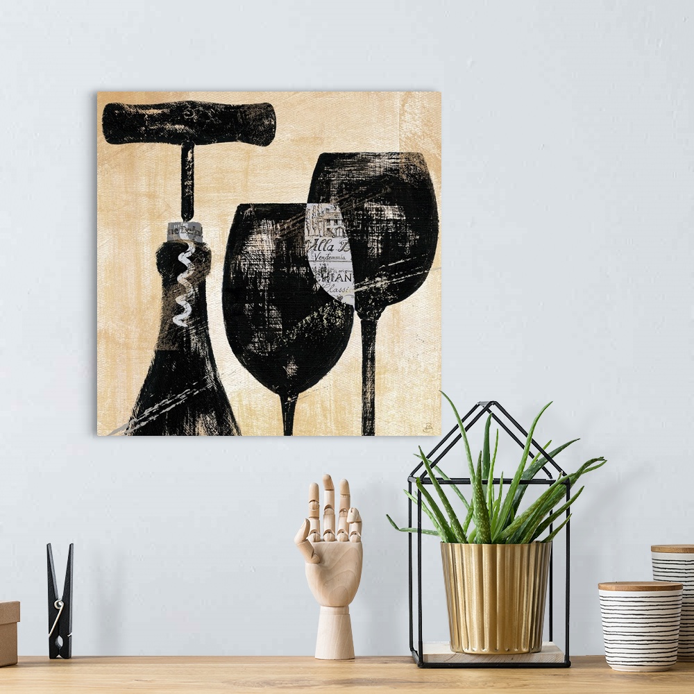 A bohemian room featuring Contemporary painting of wine bottles, a corkscrew and wine glasses.