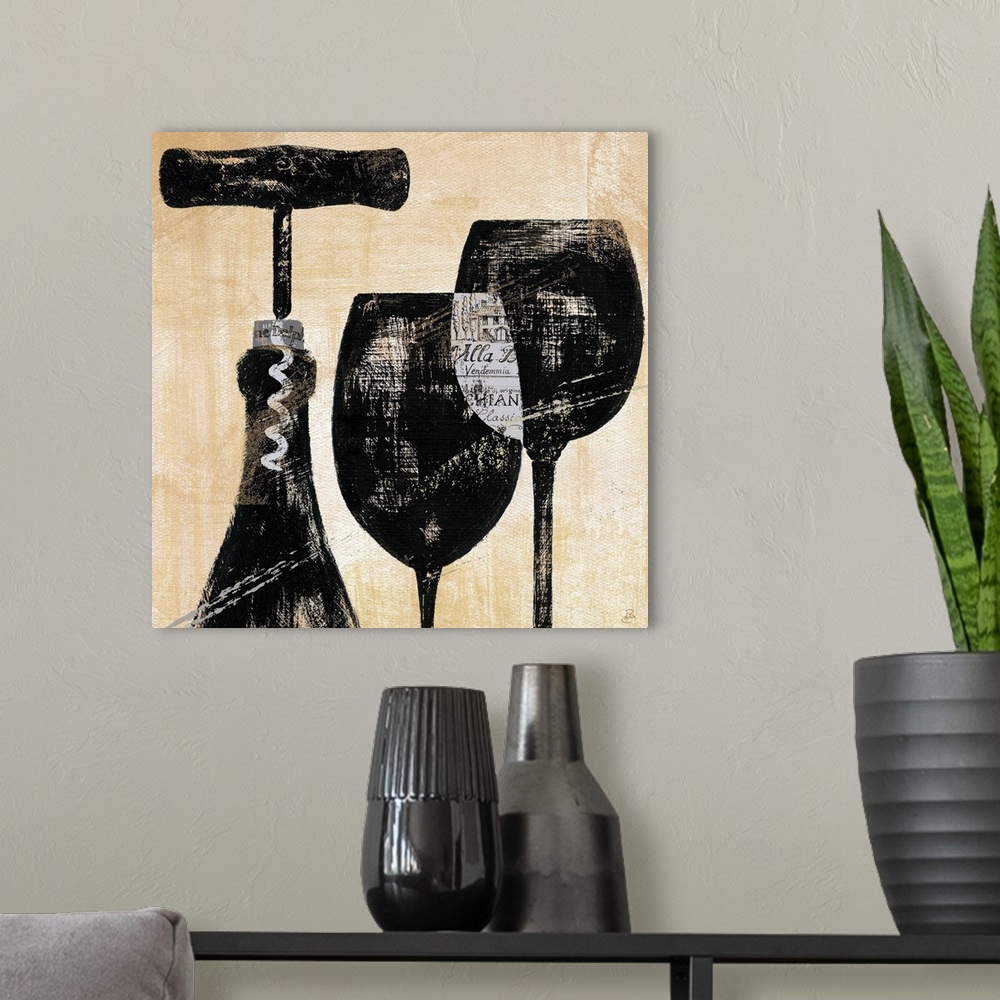 A modern room featuring Contemporary painting of wine bottles, a corkscrew and wine glasses.
