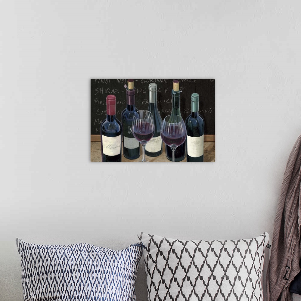 A bohemian room featuring Contemporary artwork of bottles and glasses of wine lined up together.
