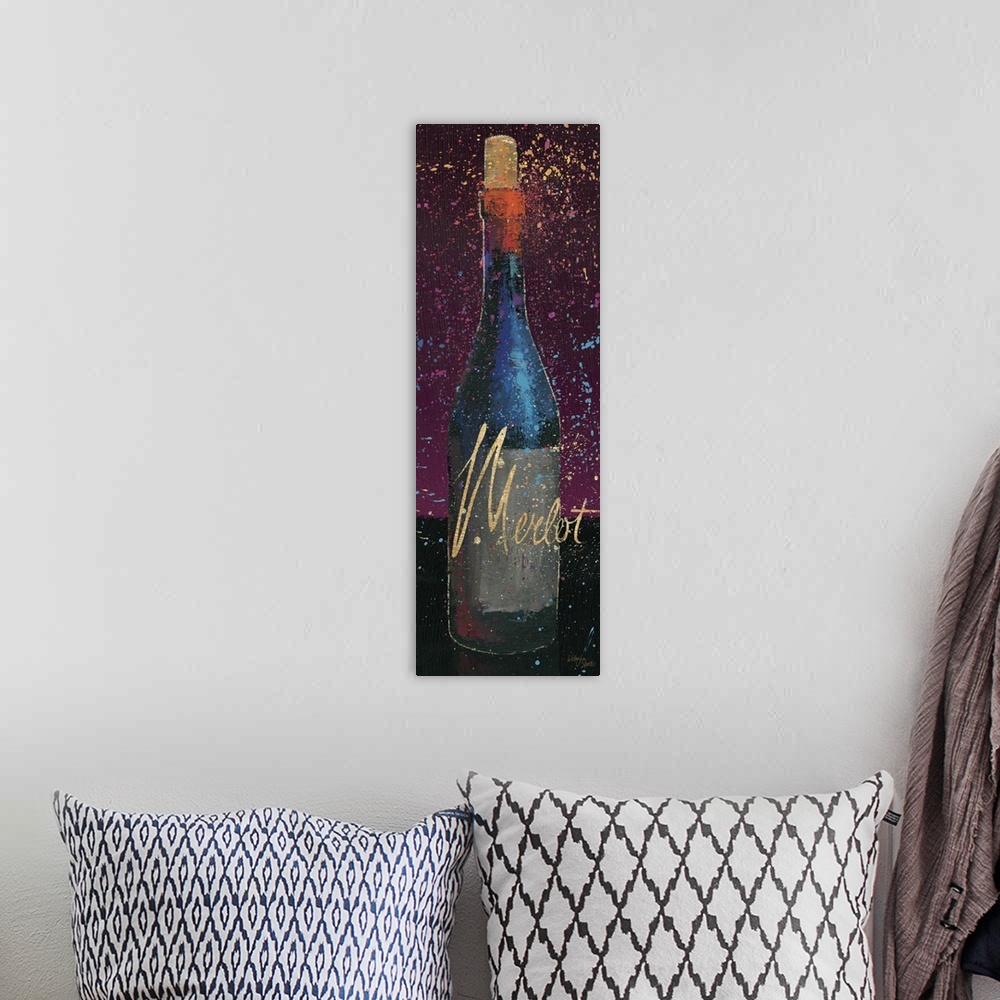 A bohemian room featuring Stylish artwork of a wine bottle with textured paint and the word "Merlot."
