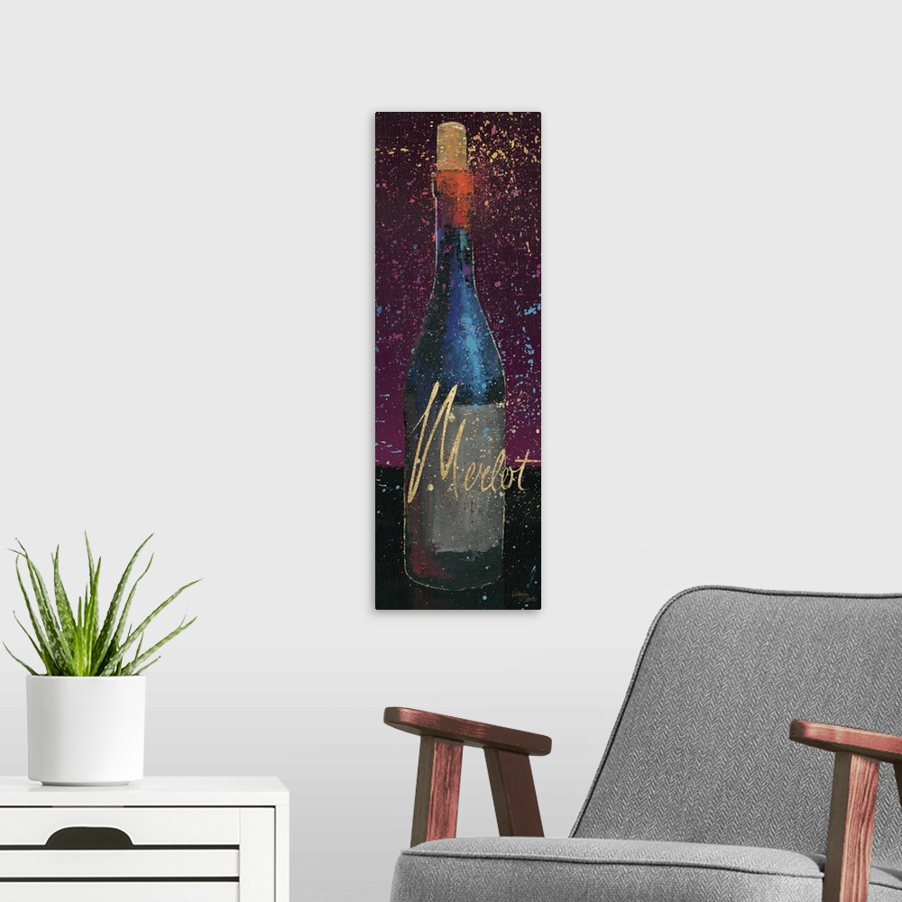 A modern room featuring Stylish artwork of a wine bottle with textured paint and the word "Merlot."