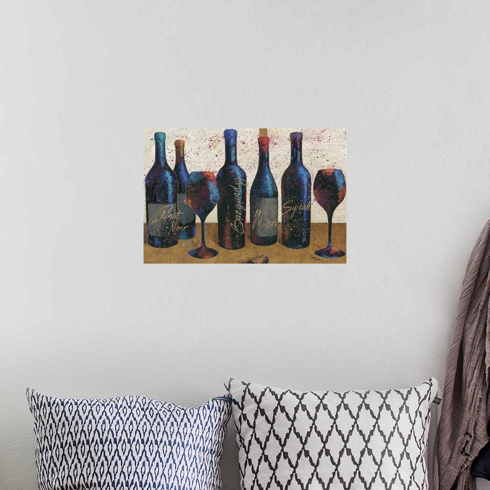 A bohemian room featuring Painting of five bottles of wine and a couple of wine glasses, with paint platters for added effect.