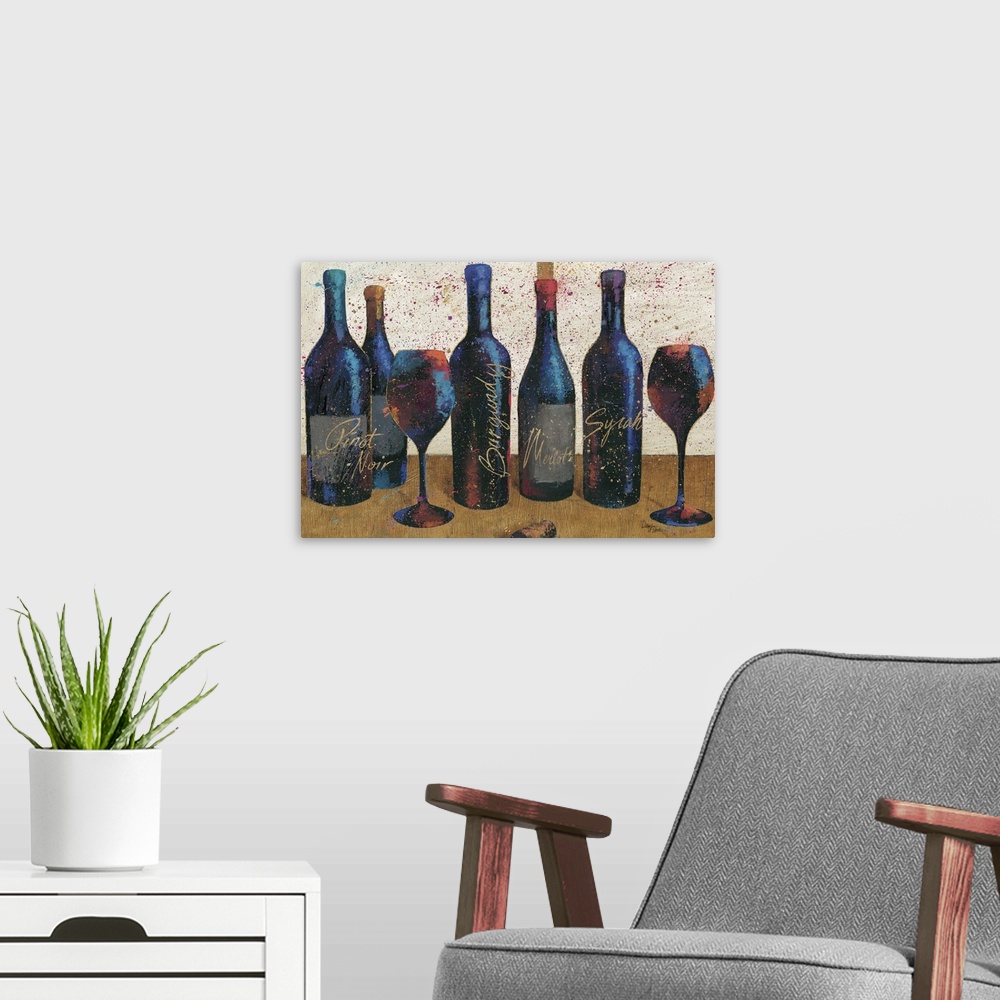 A modern room featuring Painting of five bottles of wine and a couple of wine glasses, with paint platters for added effect.