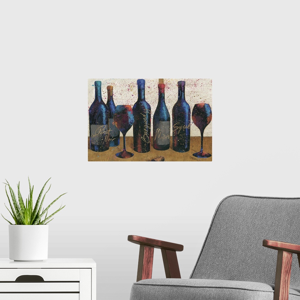 A modern room featuring Painting of five bottles of wine and a couple of wine glasses, with paint platters for added effect.
