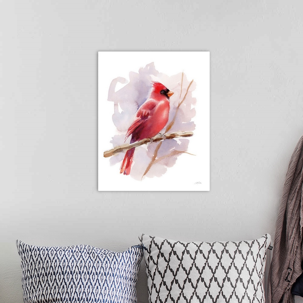 A bohemian room featuring A simple watercolor illustration of a red Cardinal bird on a bare branch against a mauve and whit...