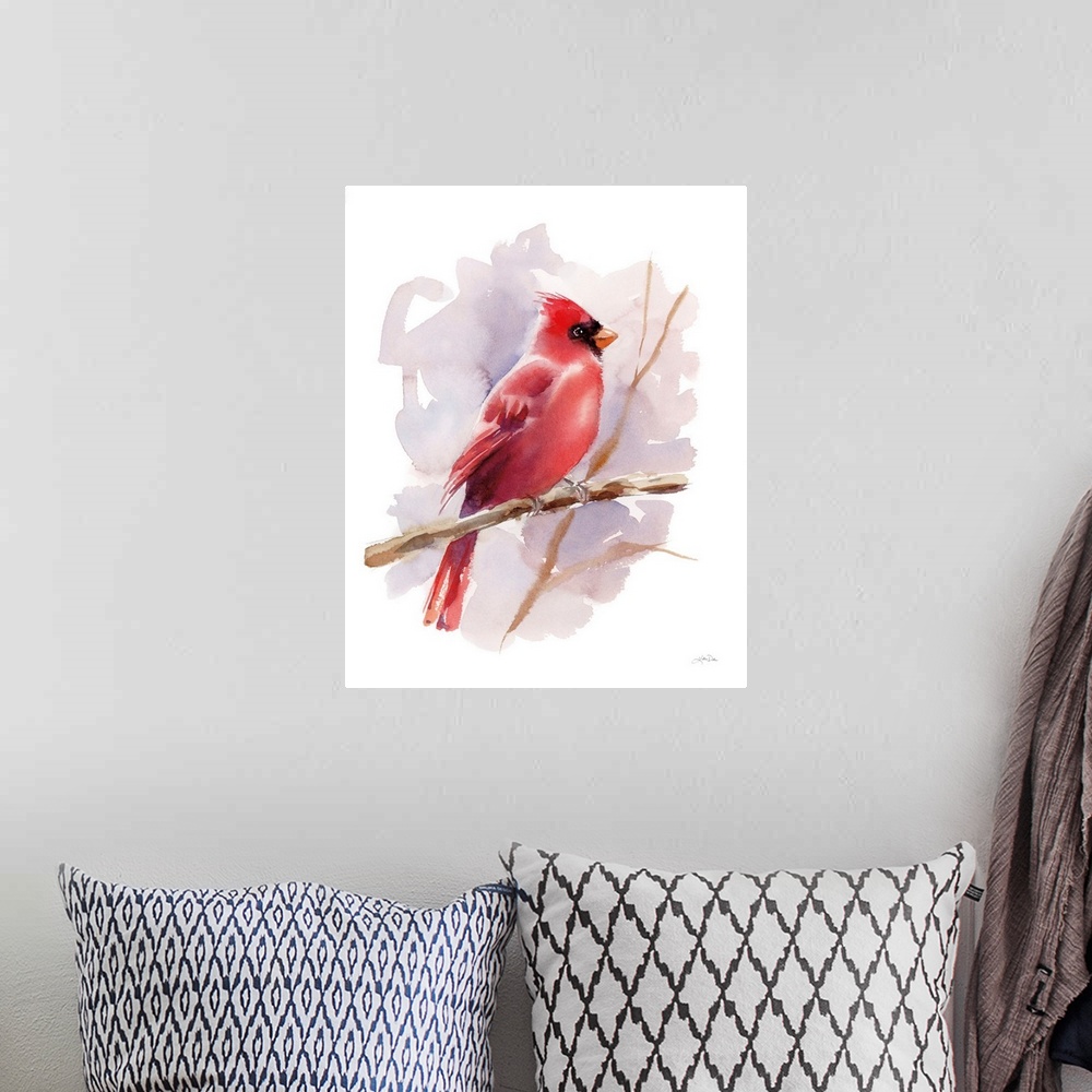 A bohemian room featuring A simple watercolor illustration of a red Cardinal bird on a bare branch against a mauve and whit...