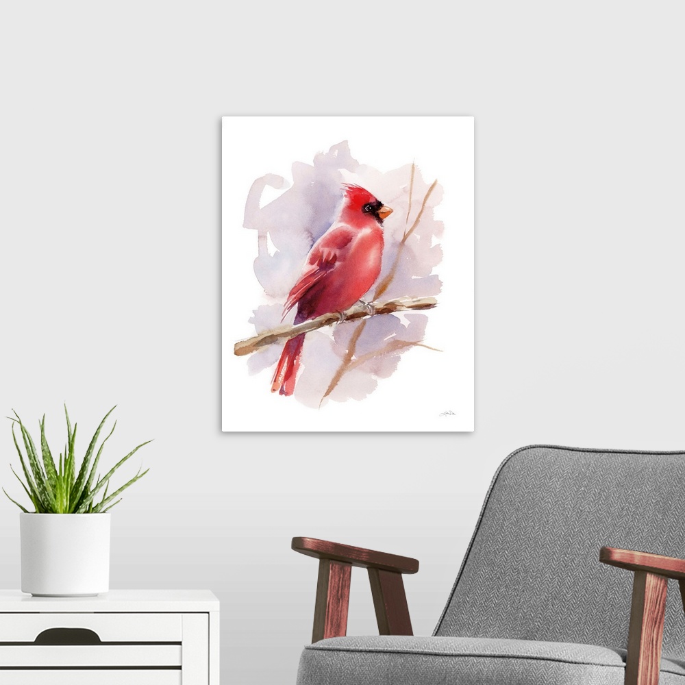 A modern room featuring A simple watercolor illustration of a red Cardinal bird on a bare branch against a mauve and whit...