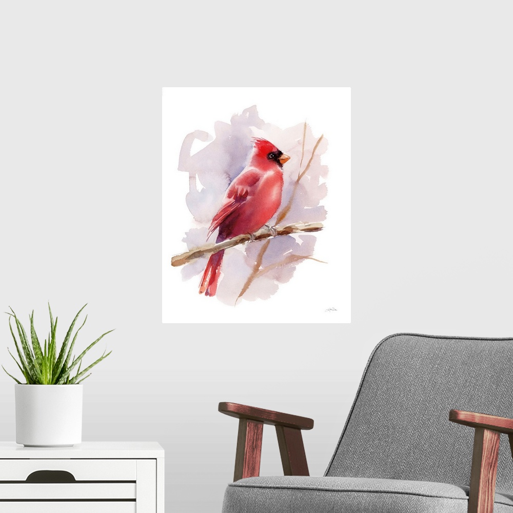 A modern room featuring A simple watercolor illustration of a red Cardinal bird on a bare branch against a mauve and whit...