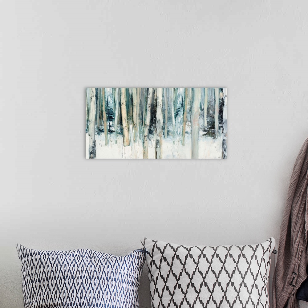 A bohemian room featuring Abstract painting of birch trees in the woods covered in snow with cool tones.