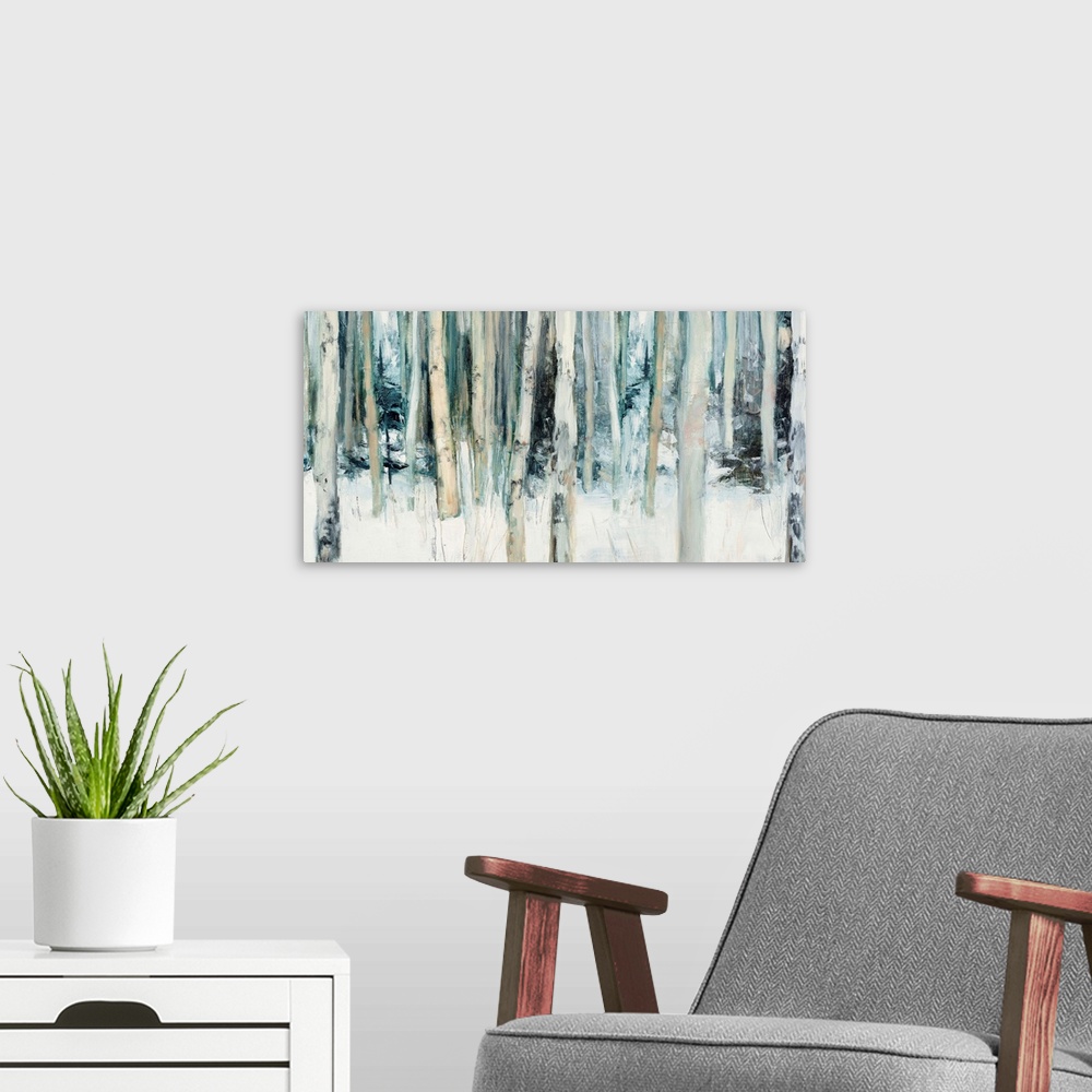 A modern room featuring Abstract painting of birch trees in the woods covered in snow with cool tones.