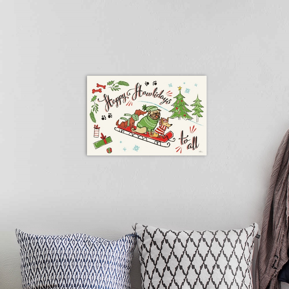 A bohemian room featuring "Happy Holidays to All" written around a Winter scene with three dogs on a red sled.
