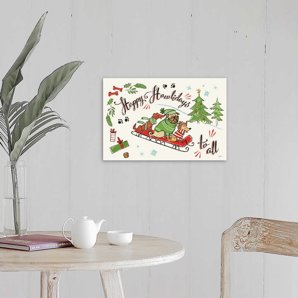 A farmhouse room featuring "Happy Holidays to All" written around a Winter scene with three dogs on a red sled.