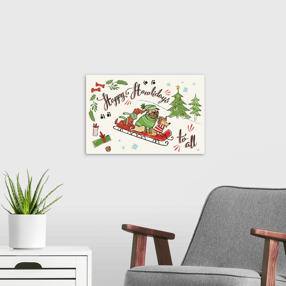 A modern room featuring "Happy Holidays to All" written around a Winter scene with three dogs on a red sled.