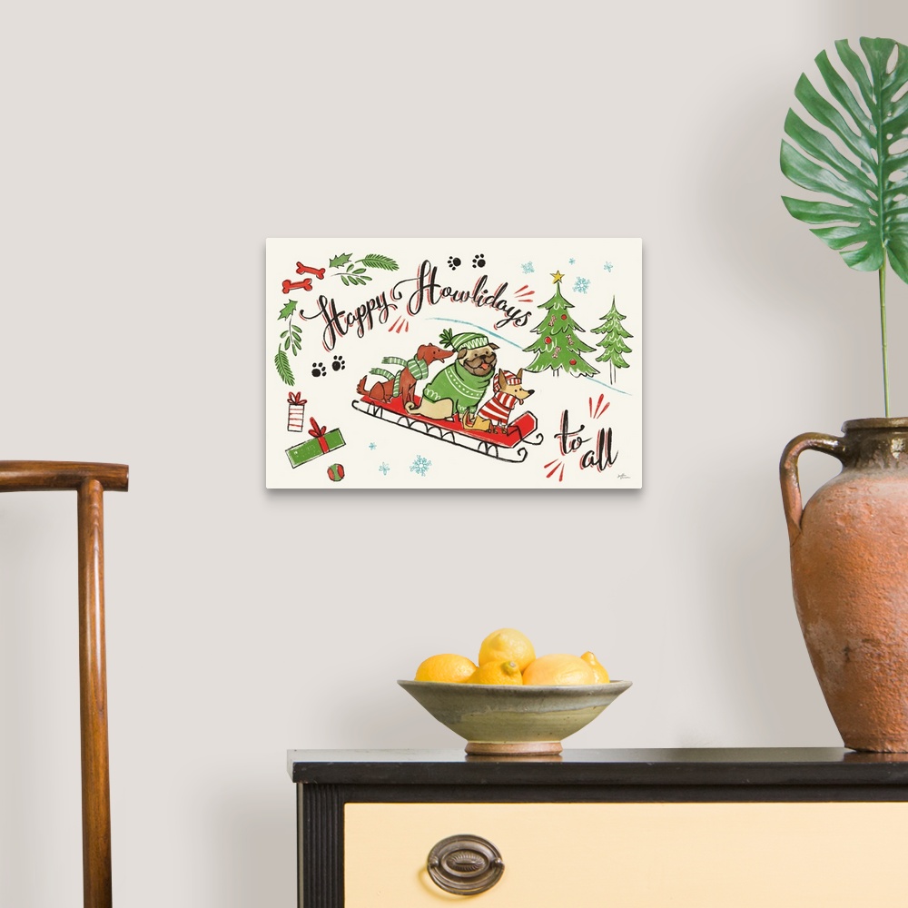 A traditional room featuring "Happy Holidays to All" written around a Winter scene with three dogs on a red sled.