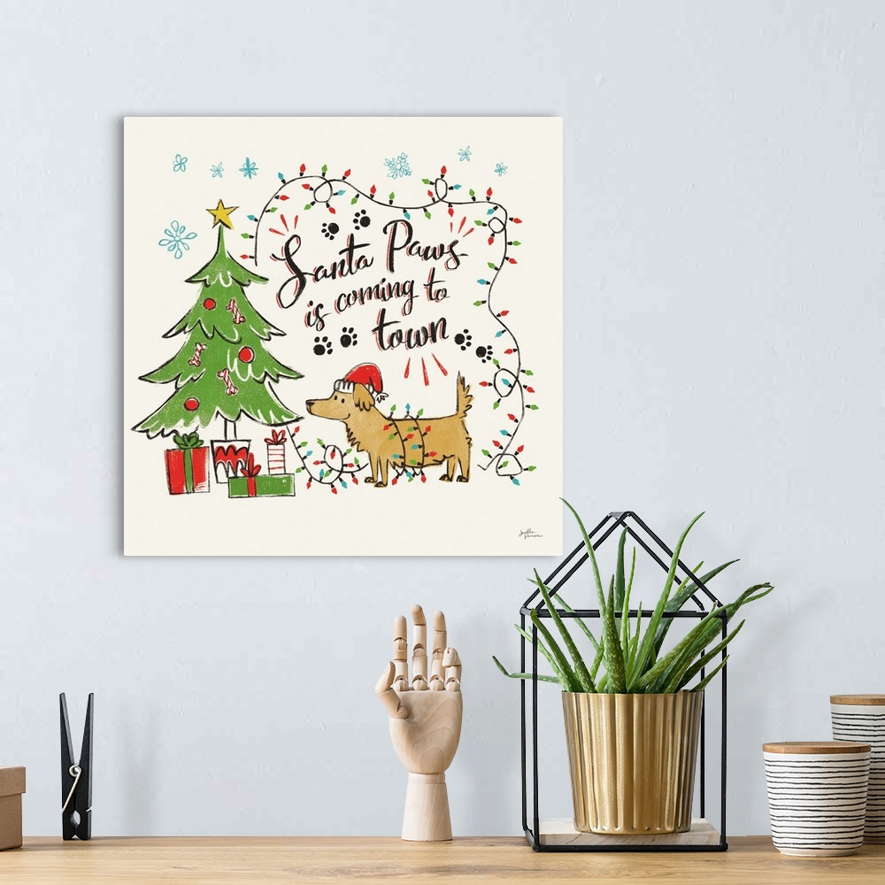 A bohemian room featuring "Santa Paws is coming to town" with a decorative holiday design of a dog wearing a Santa hat with...