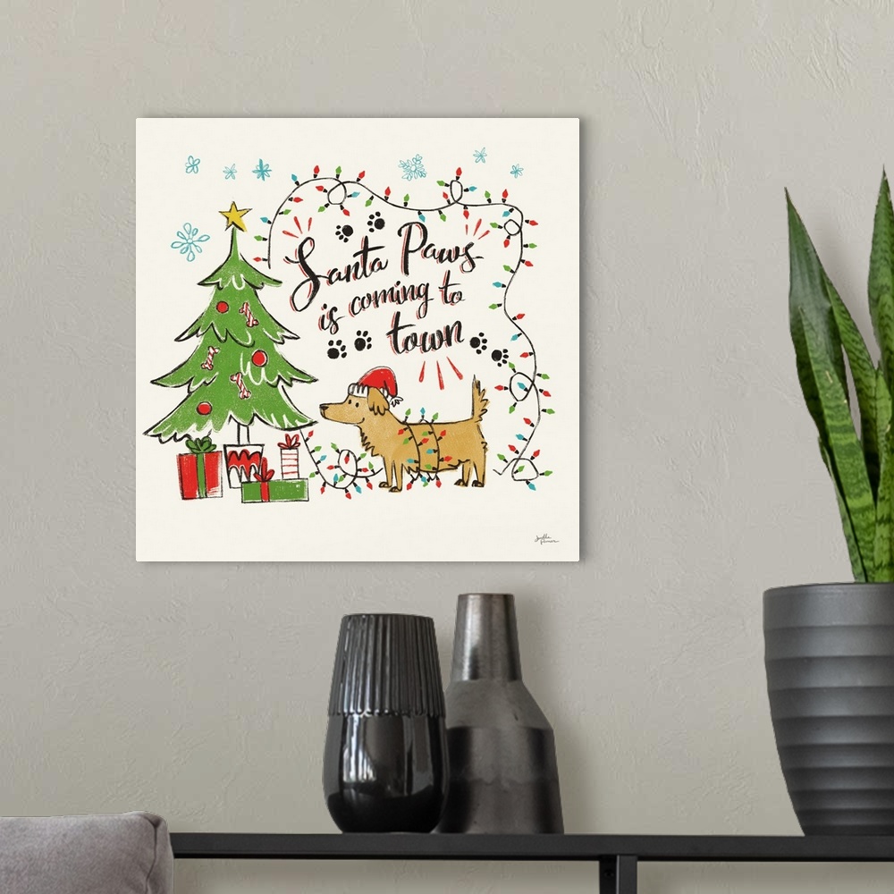A modern room featuring "Santa Paws is coming to town" with a decorative holiday design of a dog wearing a Santa hat with...