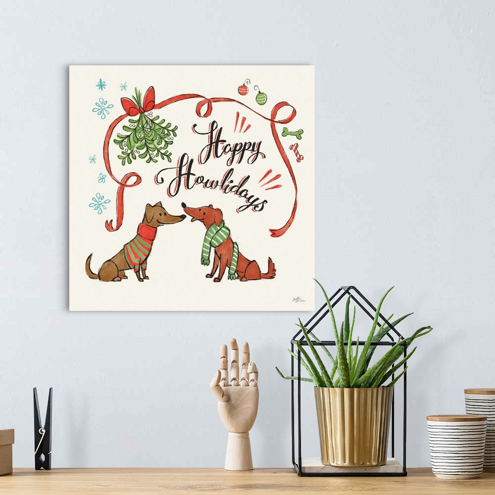 A bohemian room featuring "Happy Howlidays" with a decorative holiday design of two dogs under a mistletoe.
