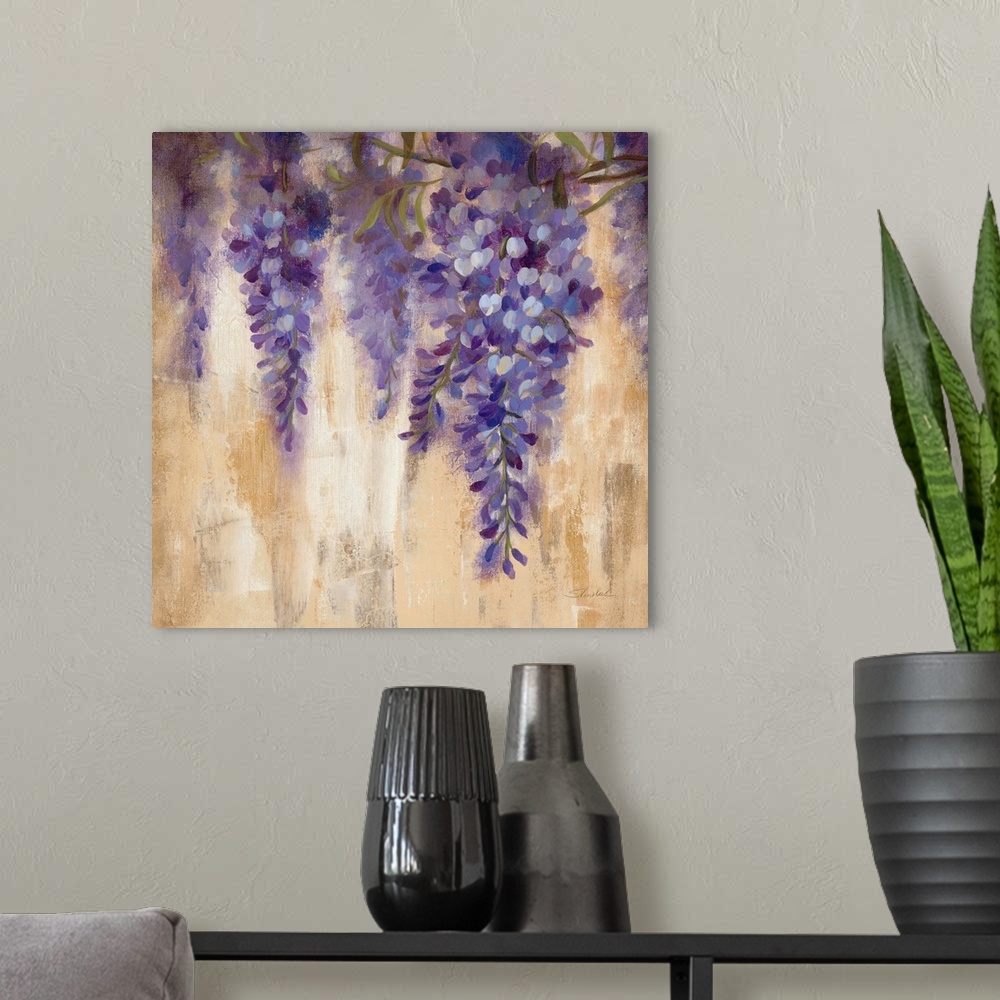 A modern room featuring Contemporary painting of purple flowers hanging from vines, against a beige background.