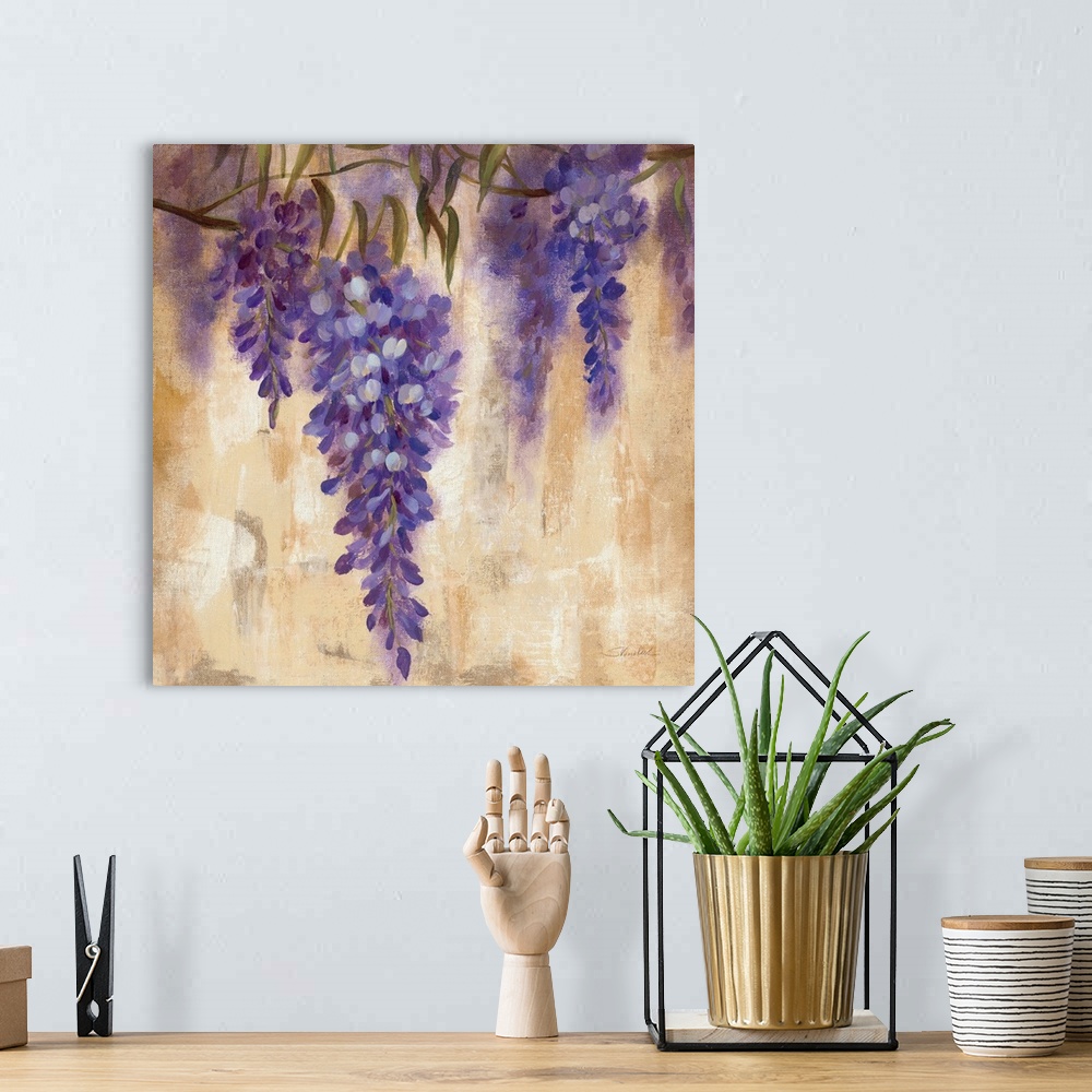 A bohemian room featuring Contemporary painting of purple flowers hanging from vines, against a beige background.