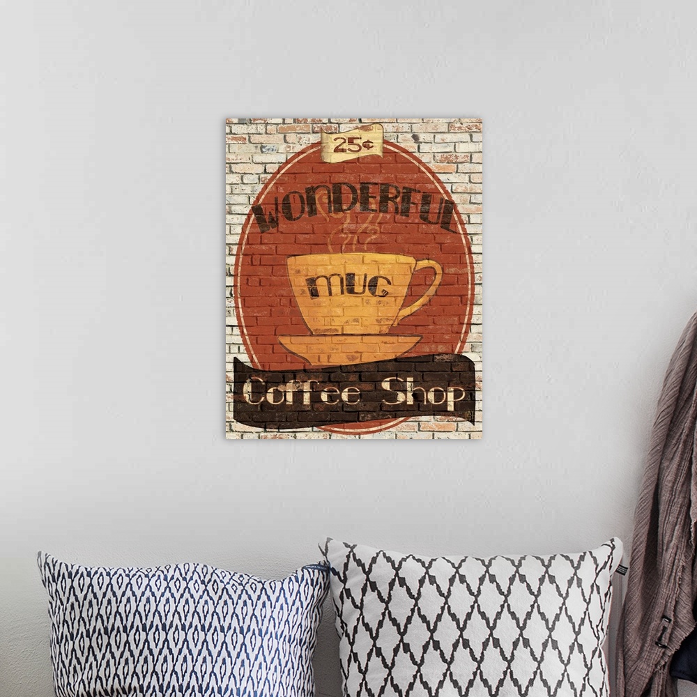 A bohemian room featuring Digital art that depicts an old type coffee shop ad on the side of the brick building with a coff...