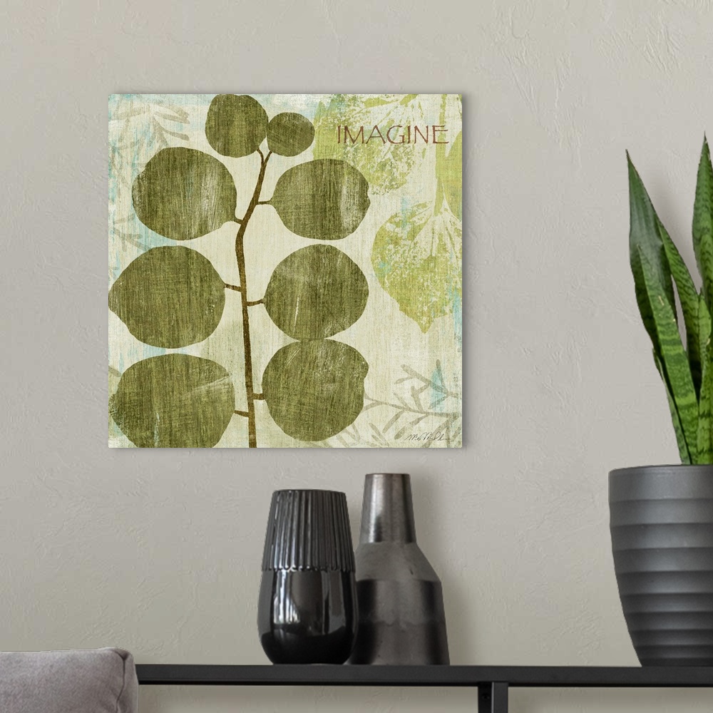 A modern room featuring Square painting on canvas of the stenciled print of a plant on top of other faded stencil marks.